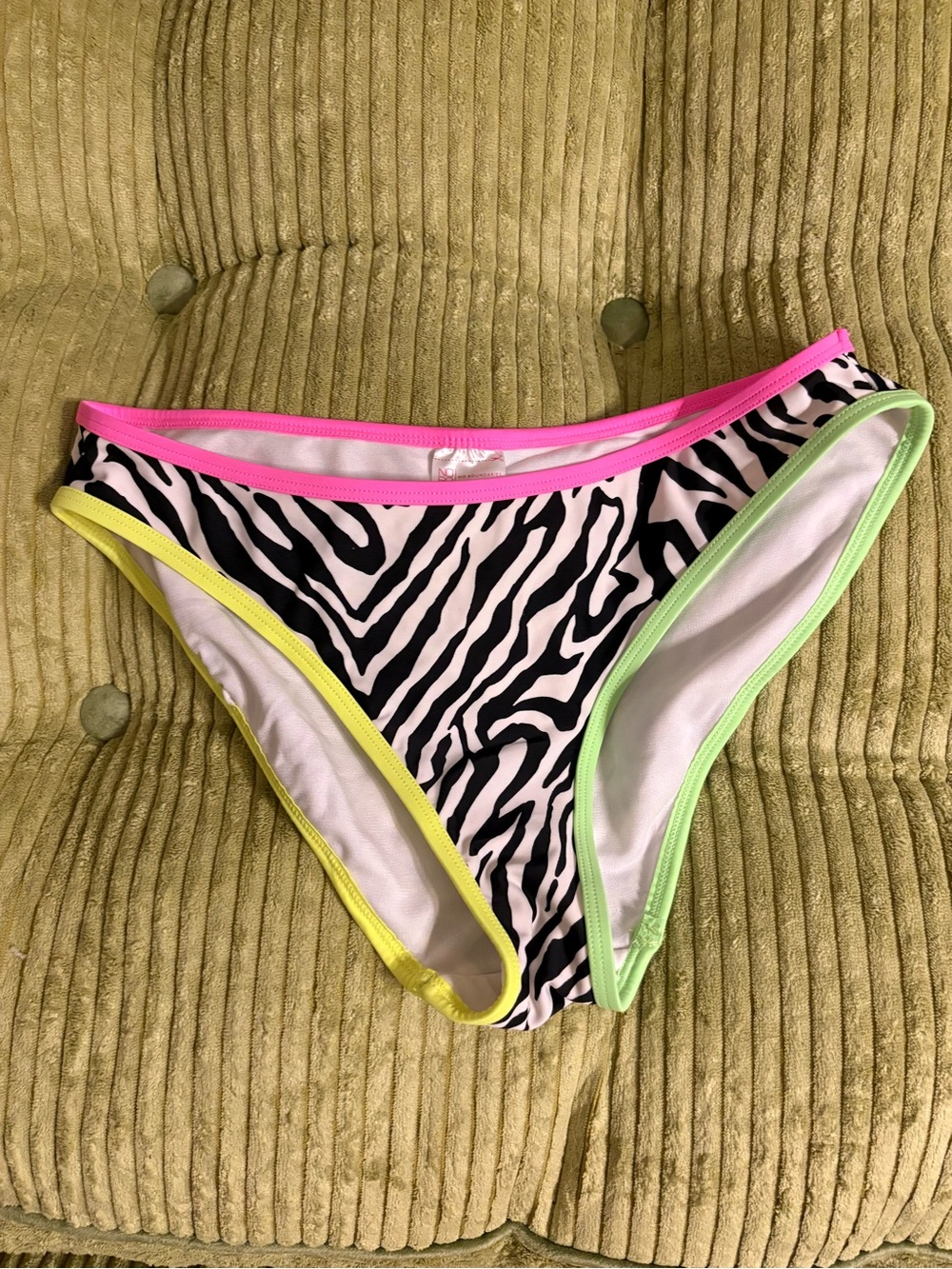 No Boundaries Zebra Print Bikini Bottom with Pink, Yellow & Green Trim